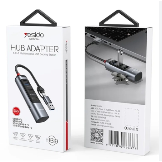 HB19 YESIDO 6in1 HUB Adapter OTG 3x USB und 1x Typ C Anschluss, Typ C und USB Kabel
