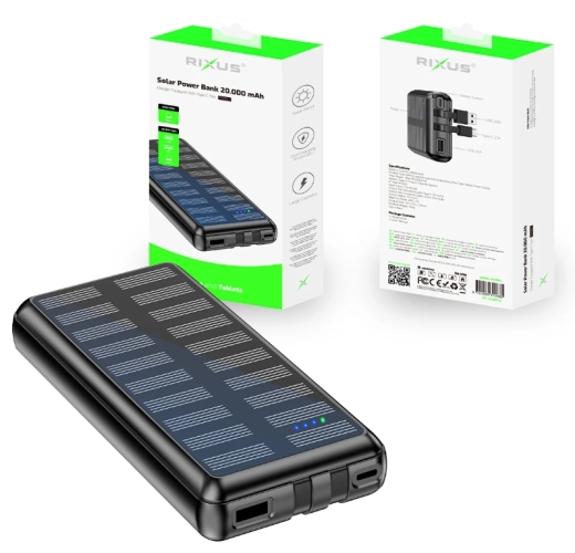 Rixus RXPB47 Solar Powerbank 20000 mAh With Built-in Cables Black