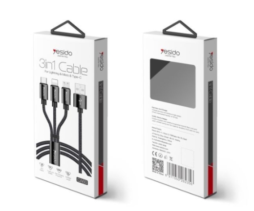 CA60 YESIDO USB Lade Kabel 3in1 Lightning, Typ C und Micro Anschluss Farbe: Schwarz