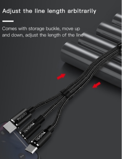 CA60 YESIDO USB Lade Kabel 3in1 Lightning, Typ C und Micro Anschluss Farbe: Schwarz