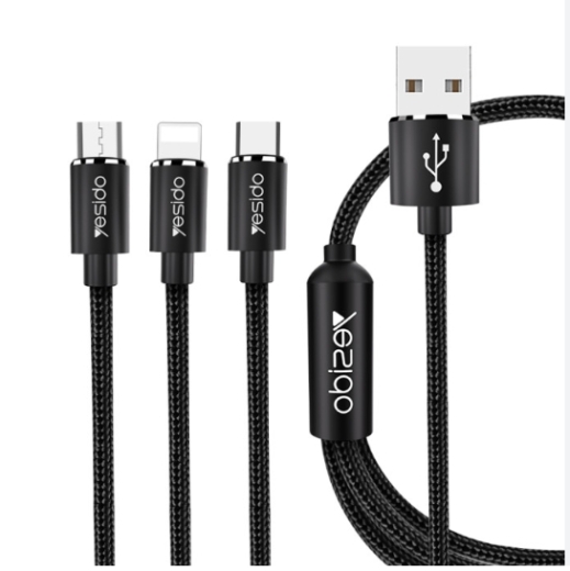 CA60 YESIDO USB Lade Kabel 3in1 Lightning, Typ C und Micro Anschluss Farbe: Schwarz