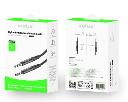 Rixus RXMU35 3.5mm AUX To 3.5mm AUX Braided Audio Cable 120CM Black