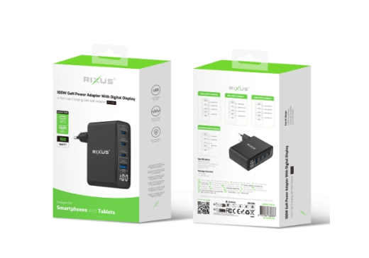 Rixus RX100 100W GaN Power Adapter With Digital Display Black