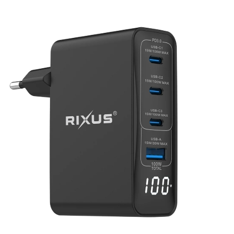 Rixus RX100 100W GaN Power Adapter With Digital Display Black