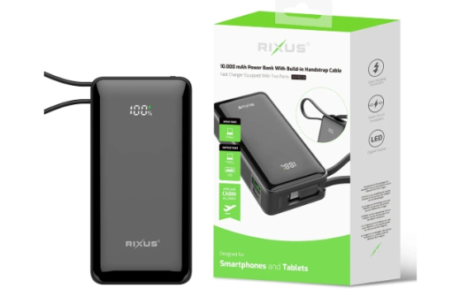 Rixus RXPB01B Power Bank 10.000mAh With Built-In Handstrap Cable Black