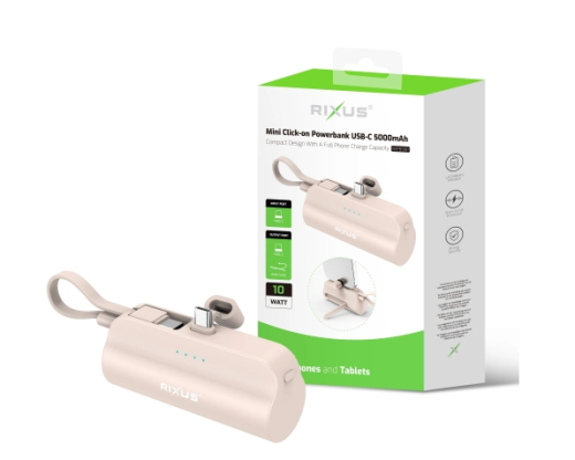 Rixus RXPB98P Mini Click-On Powerbank USB-C 5000mAh Pink