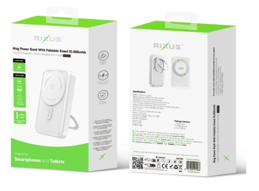 Rixus RXPB71A MagSafe Compatible Powerbank 10000mAh With Foldable Stand White